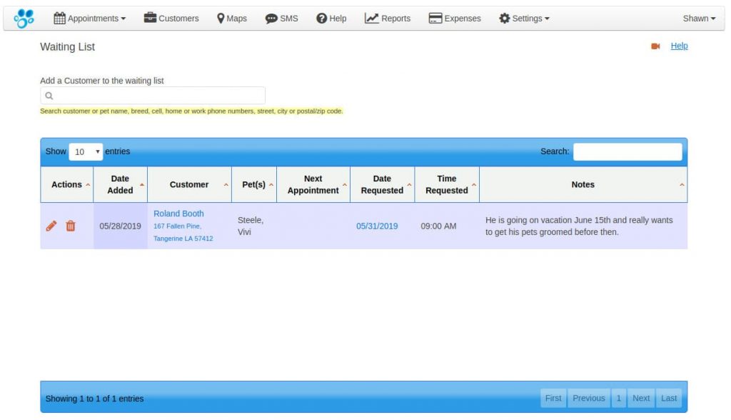 pet grooming waiting list view