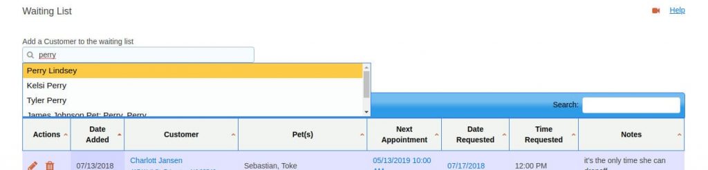 Select an existing customer in the pet grooming waiting list