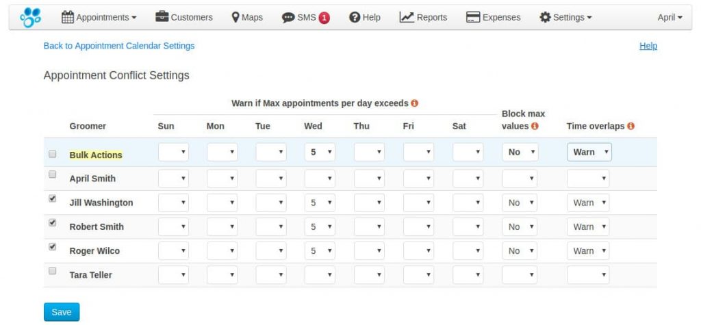 Conflict settings bulk actions row.