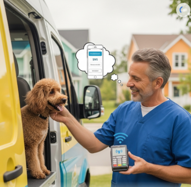 Accepting Payments on the Go A Guide for Mobile Pet Groomers Mobile pet groomer using a portable payment terminal beside a grooming van, with SMS payment option illustrated for clients.