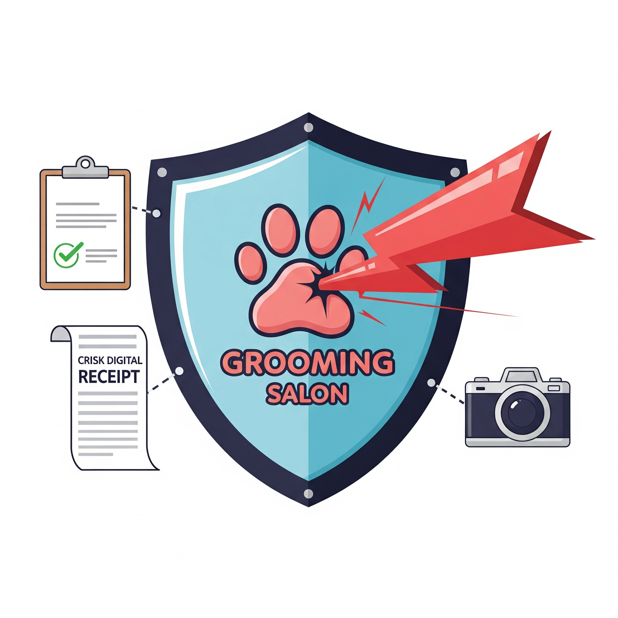 Illustration of a grooming salon shield deflecting a red chargeback arrow, surrounded by icons for policies, receipts, and photos, symbolizing protection against disputes.