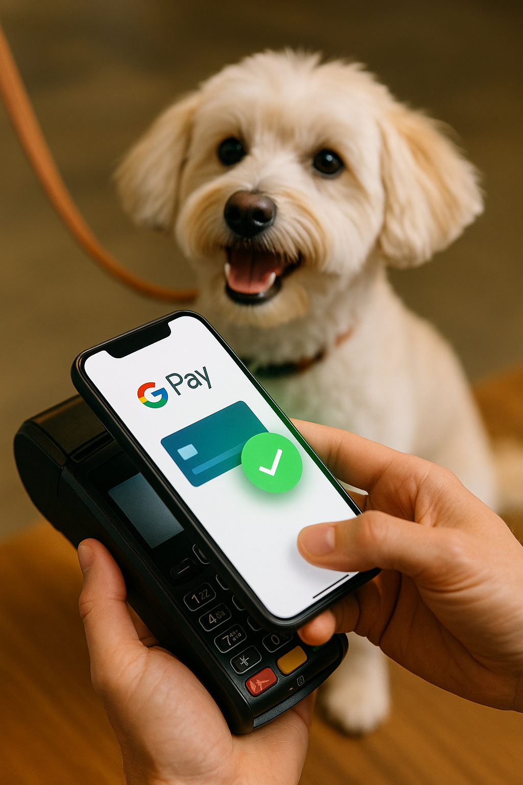 Hand using Apple Pay on a smartphone to complete a contactless payment on a modern terminal, with a happy groomed dog in the background.