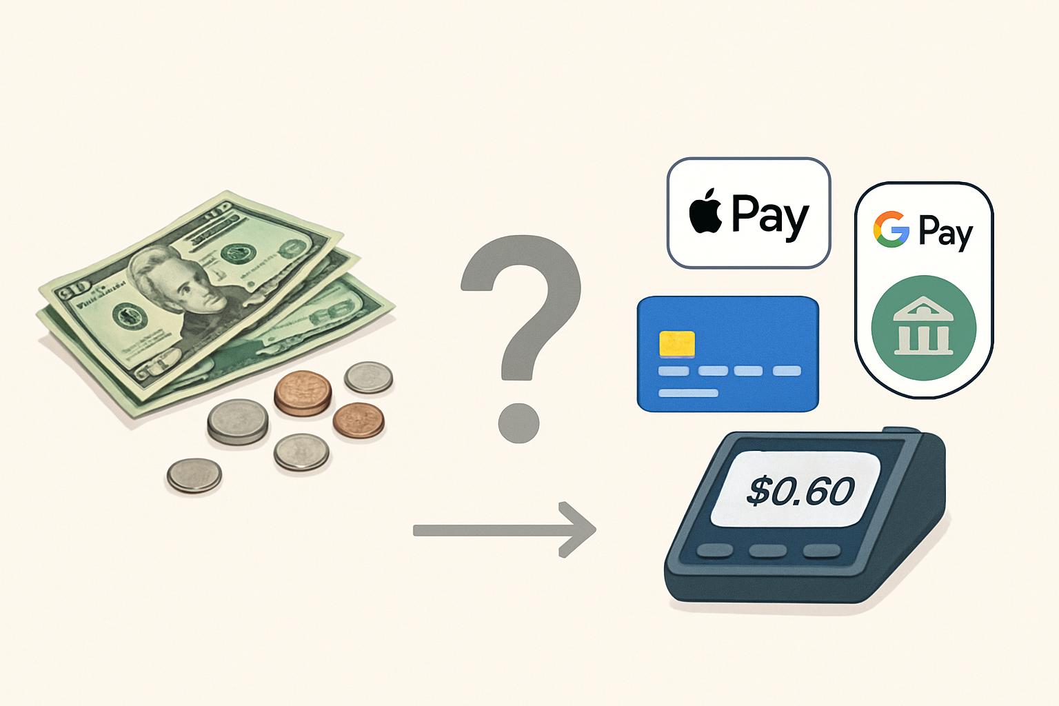 Should You Go Cashless at Your Grooming Salon Conceptual image contrasting cash payments with digital payments, showing a small pile of bills and coins on the left and icons for credit cards, Apple Pay, and Google Pay on the right, with a question mark in between.